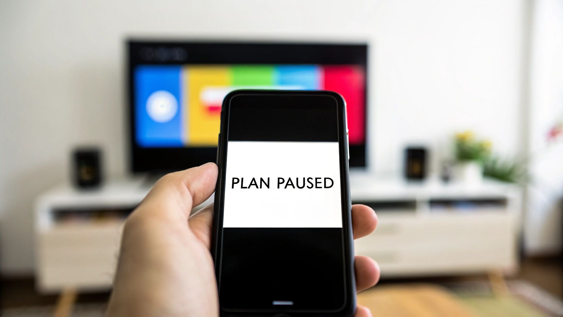 A hand holds a smartphone displaying 'PLAN PAUSED' with a blurred living room and TV in the background.