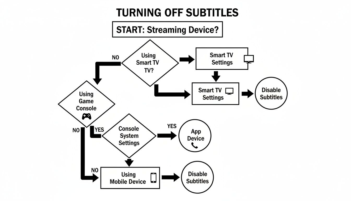 Flowchart guiding users on how to turn off subtitles across smart TVs, game consoles, and mobile devices.