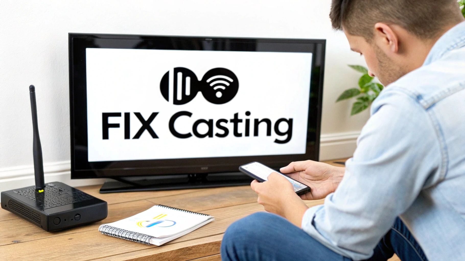 Person holding smartphone looking at TV screen displaying FIX Casting logo with wireless router nearby