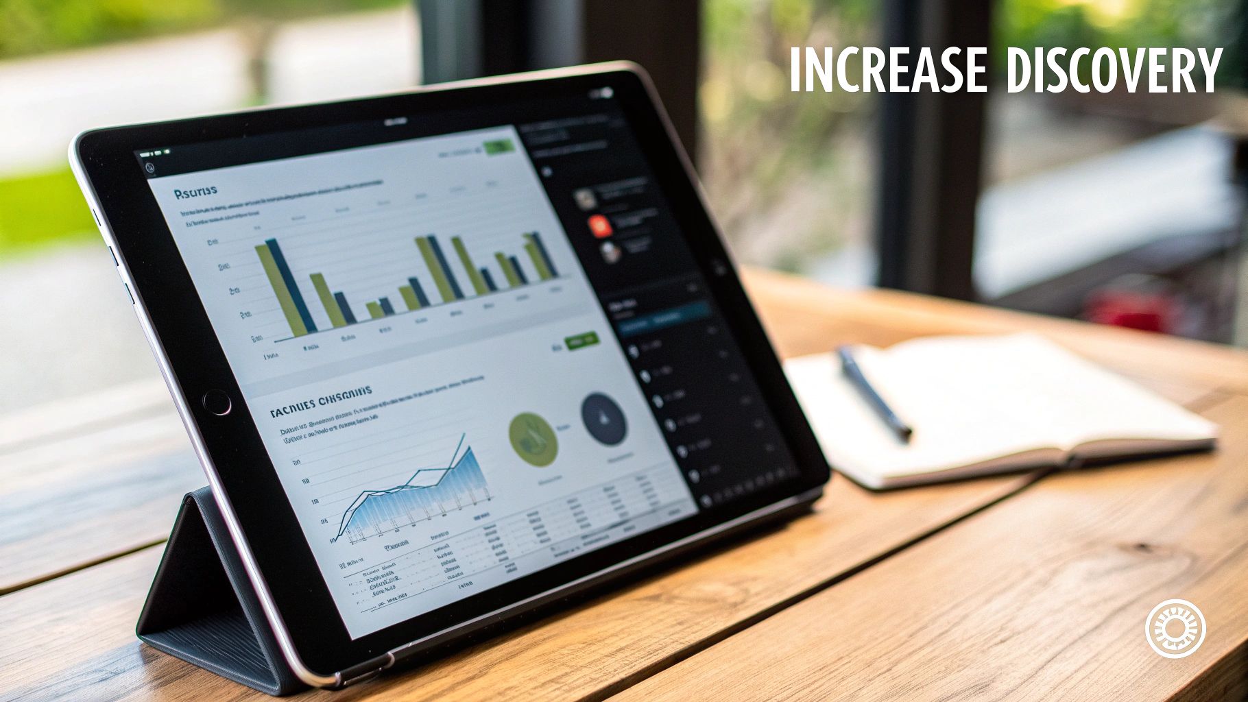 A tablet on a wooden table displays business analytics graphs and charts, next to a notebook and pen.