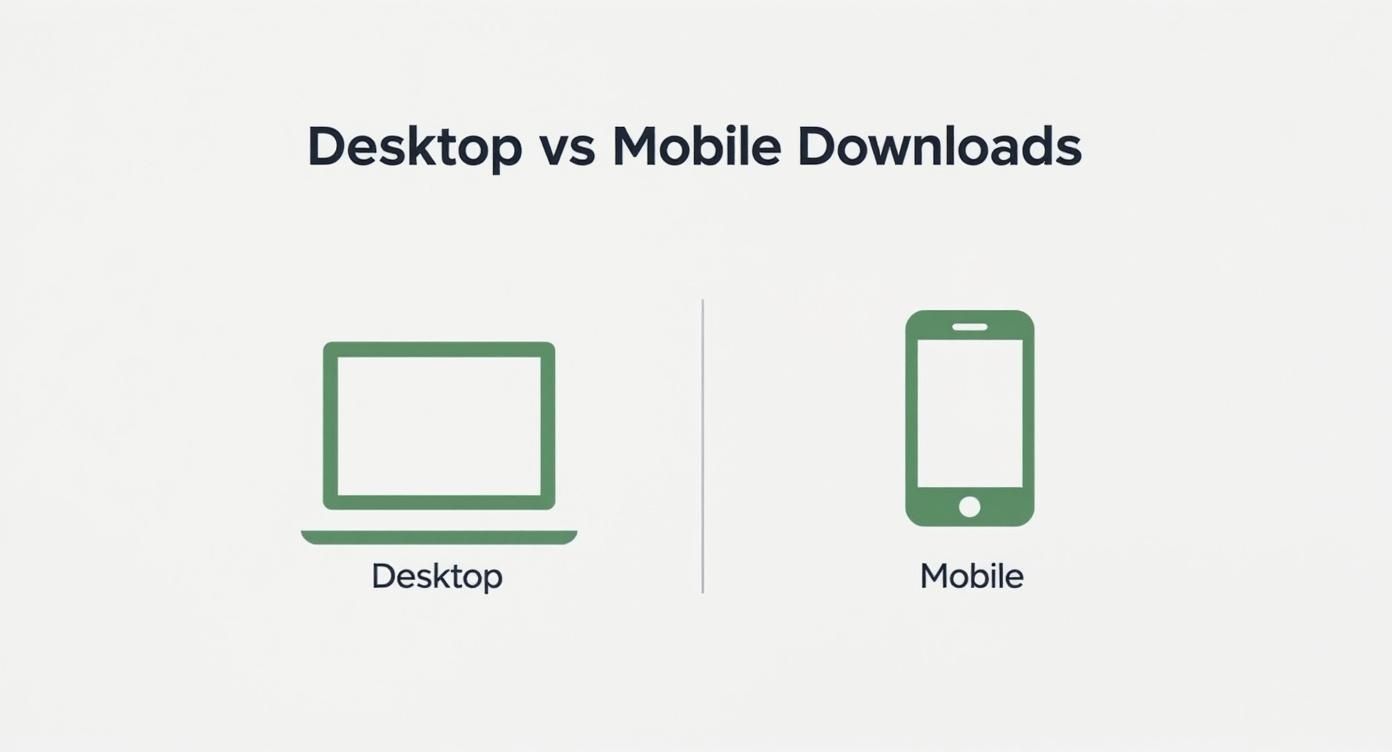 Icons of a desktop computer and a mobile phone comparing downloads.