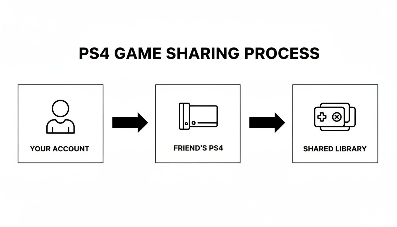 A diagram showing the PS4 game sharing process: your account, a friend's PS4, leading to a shared library.
