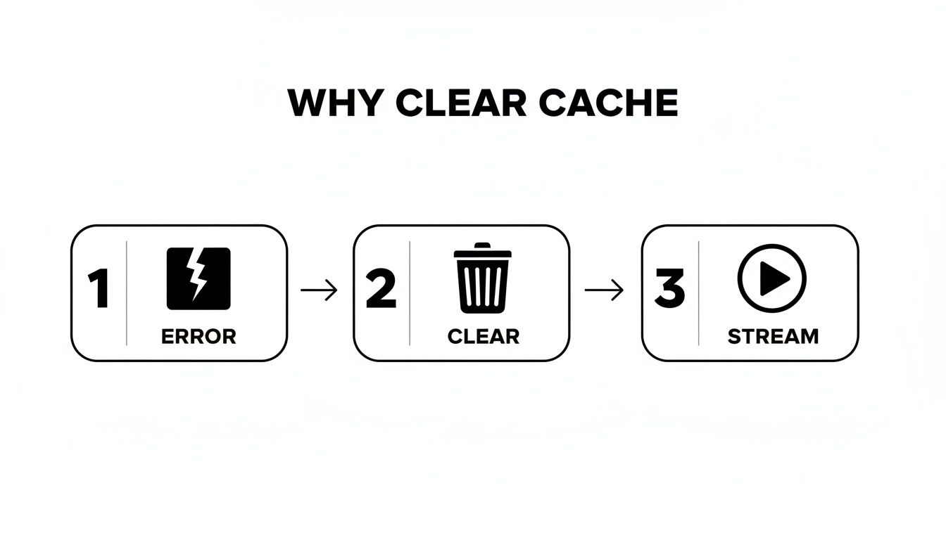 A diagram illustrates fixing streaming errors: 1. Error, 2. Clear cache, 3. Stream successfully.