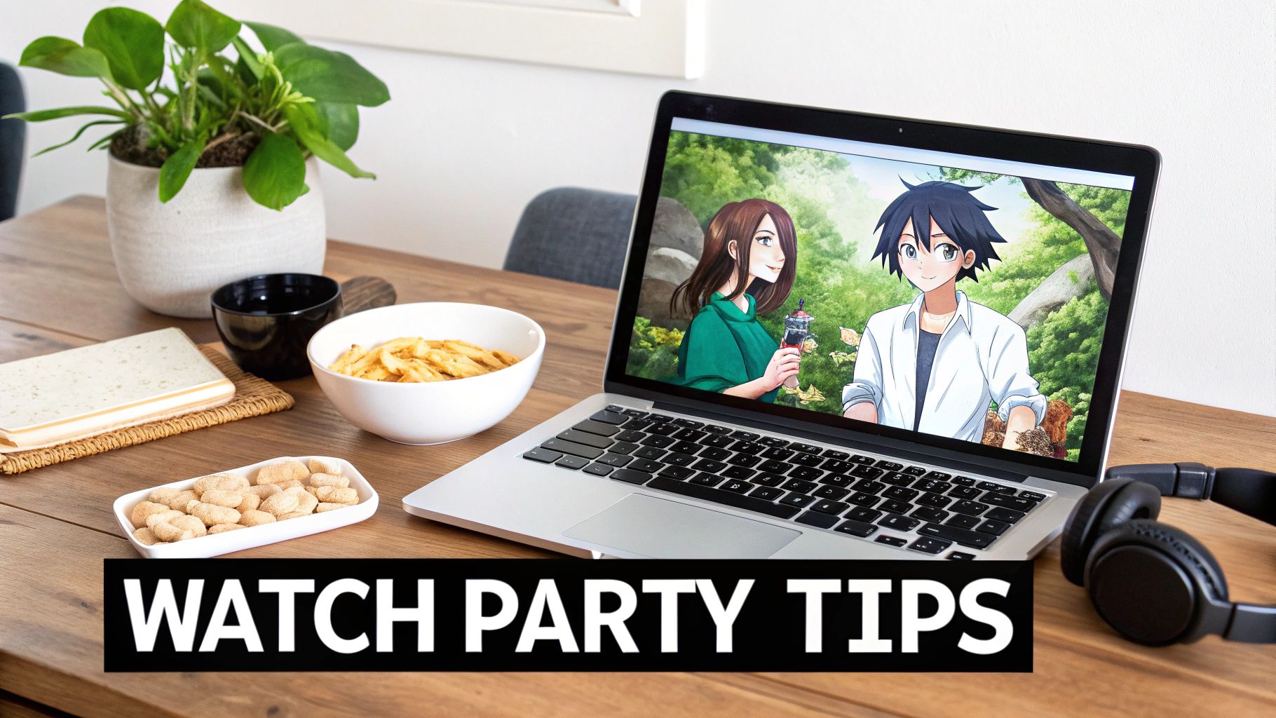 A laptop displaying anime, surrounded by snacks and headphones on a wooden table, with text 'WATCH PARTY TIPS'.
