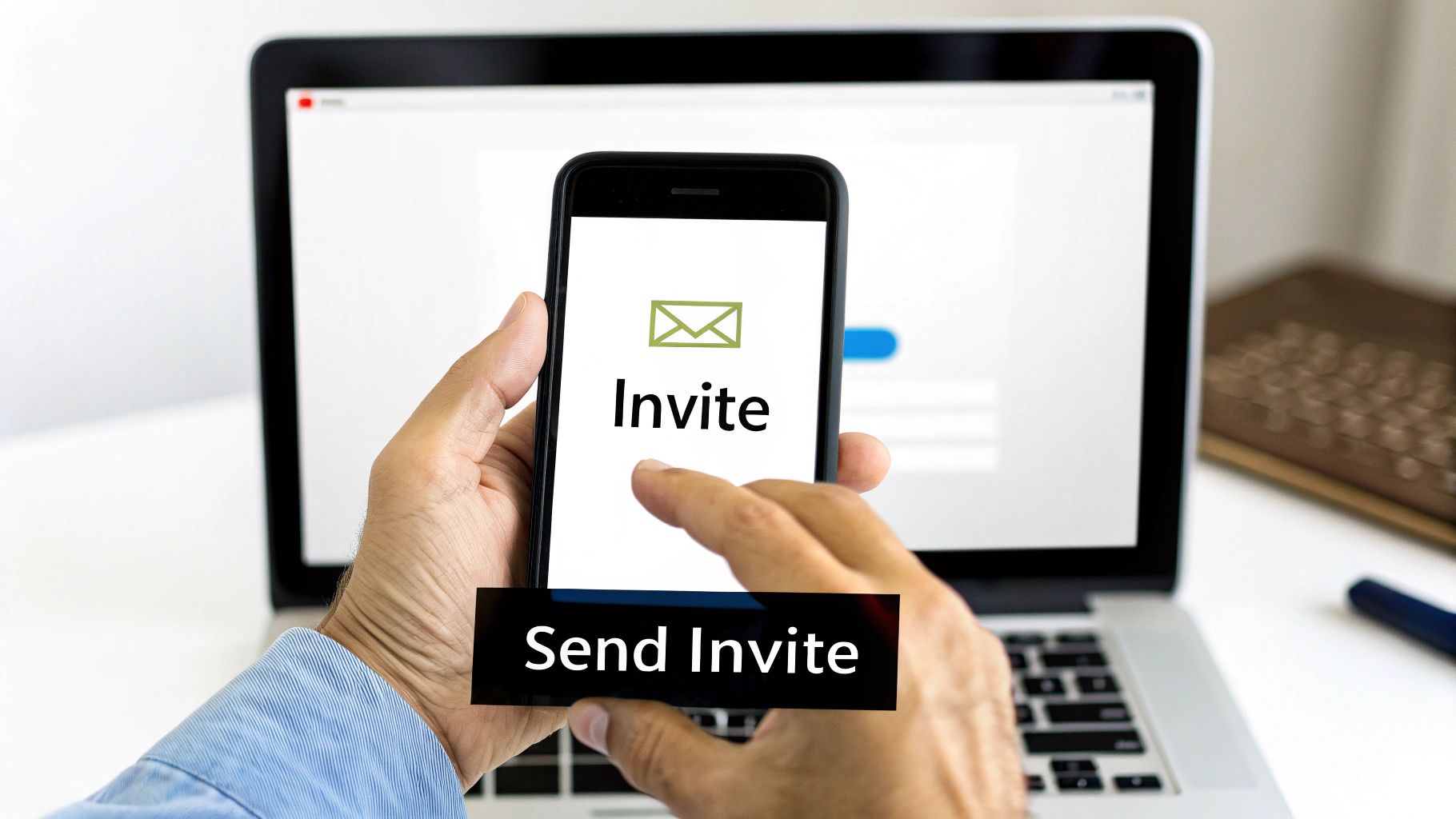 A person's hands holding a smartphone displaying an "Invite" screen with a "Send Invite" button, with a laptop in the background.