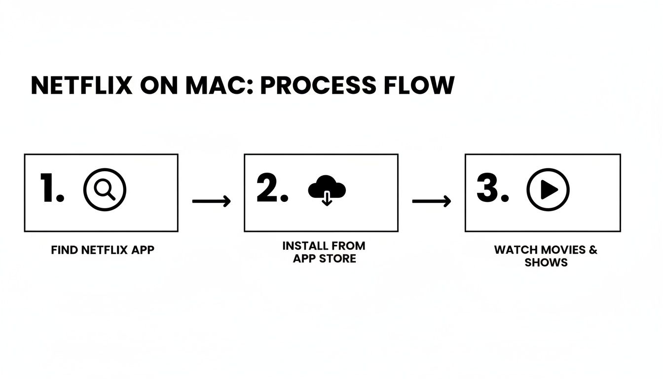 Infographic detailing three steps to find, install, and watch Netflix movies on a Mac.