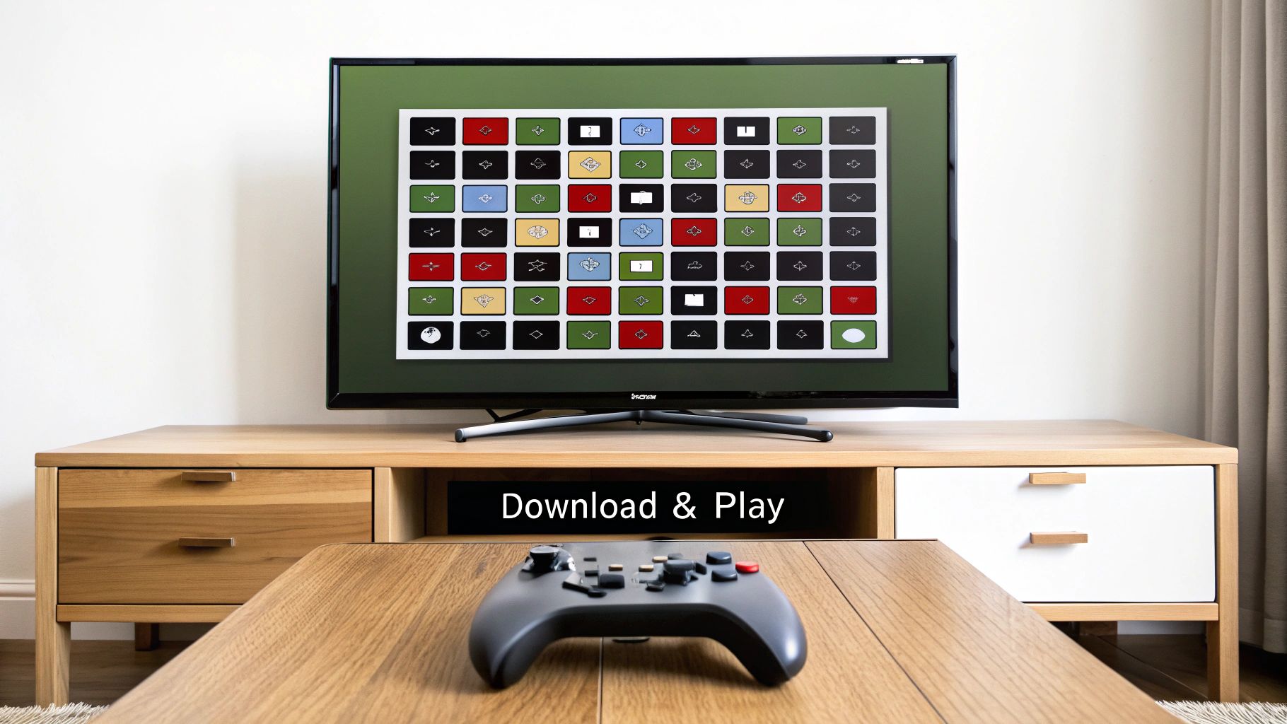 A black TV displaying a colorful game grid, a console, and a game controller.