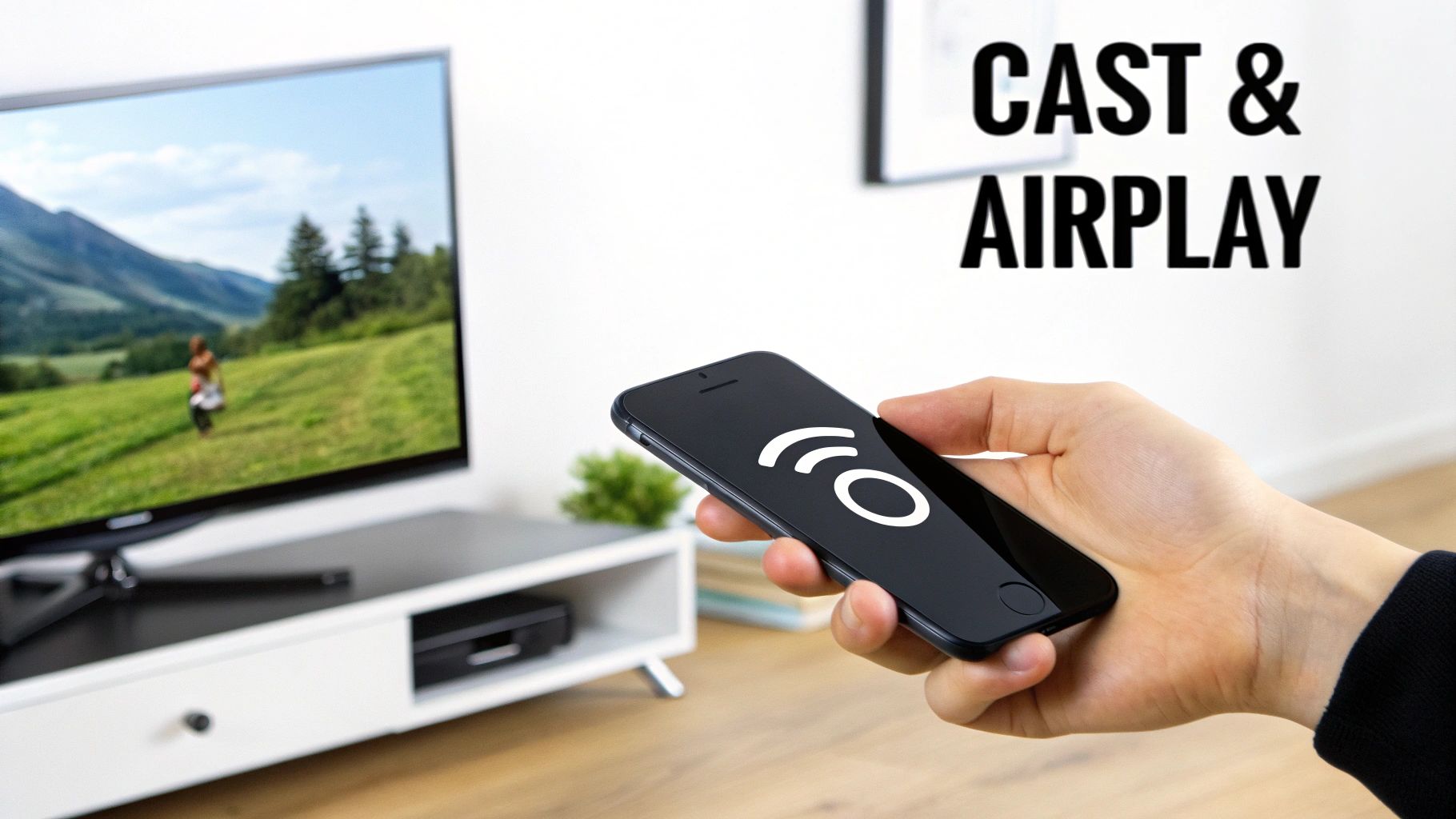 A hand holds a smartphone with a cast icon, mirroring content from phone to a large TV screen with "CAST & AIRPLAY" text.