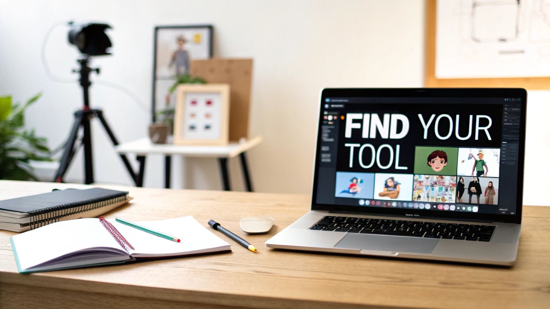 Laptop screen showing 'FIND YOUR TOOL' with character designs on a wooden desk with notebooks.