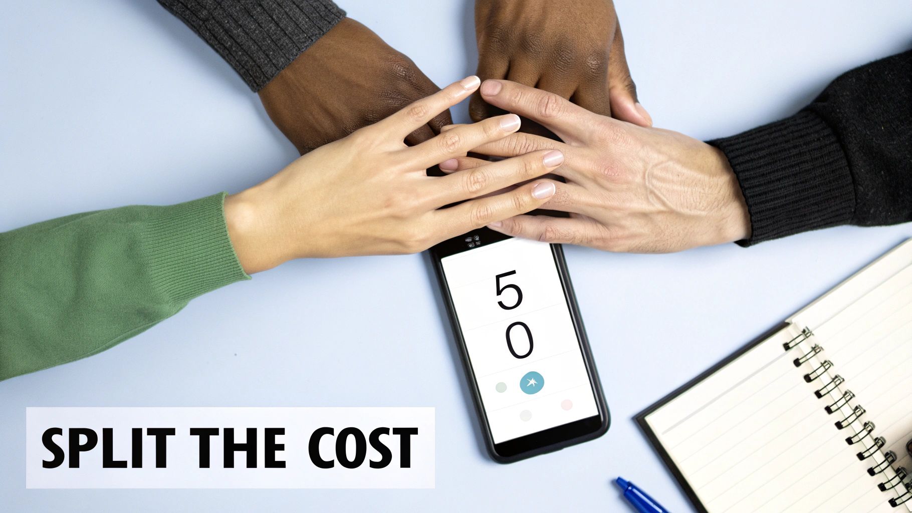Diverse hands on a smartphone showing '50' and 'SPLIT THE COST' text, symbolizing shared expenses.