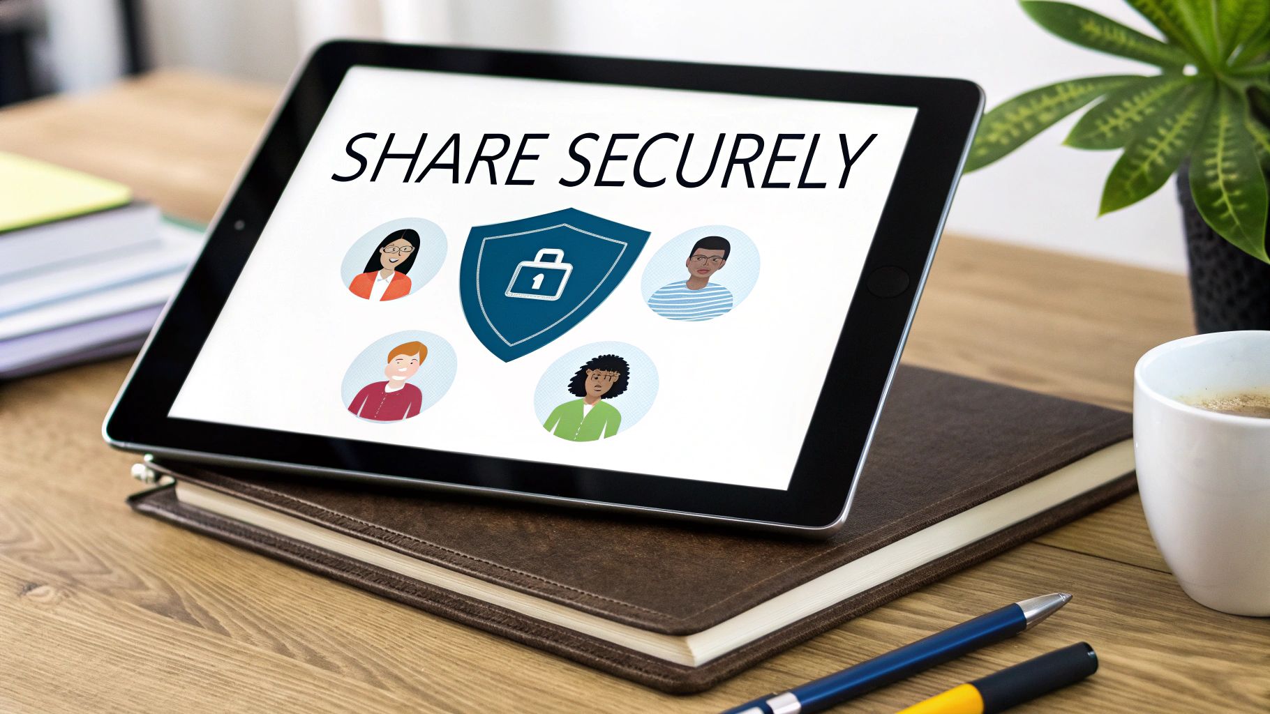 A tablet displays 'SHARE SECURELY' with a shield and padlock, surrounded by diverse user avatars, on a wooden desk.