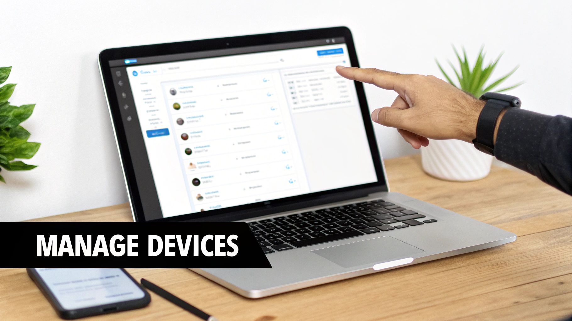 A hand pointing at a laptop screen displaying a device management interface on a wooden desk.