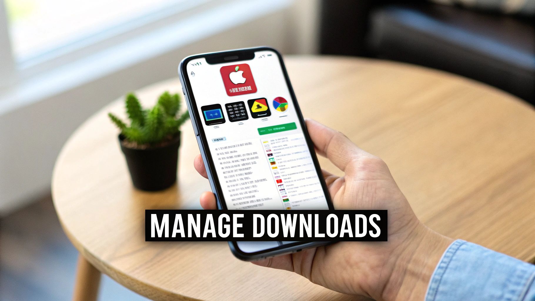 A hand holds a smartphone displaying an app store with an Apple logo, app icons, and 'MANAGE DOWNLOADS' text overlay.