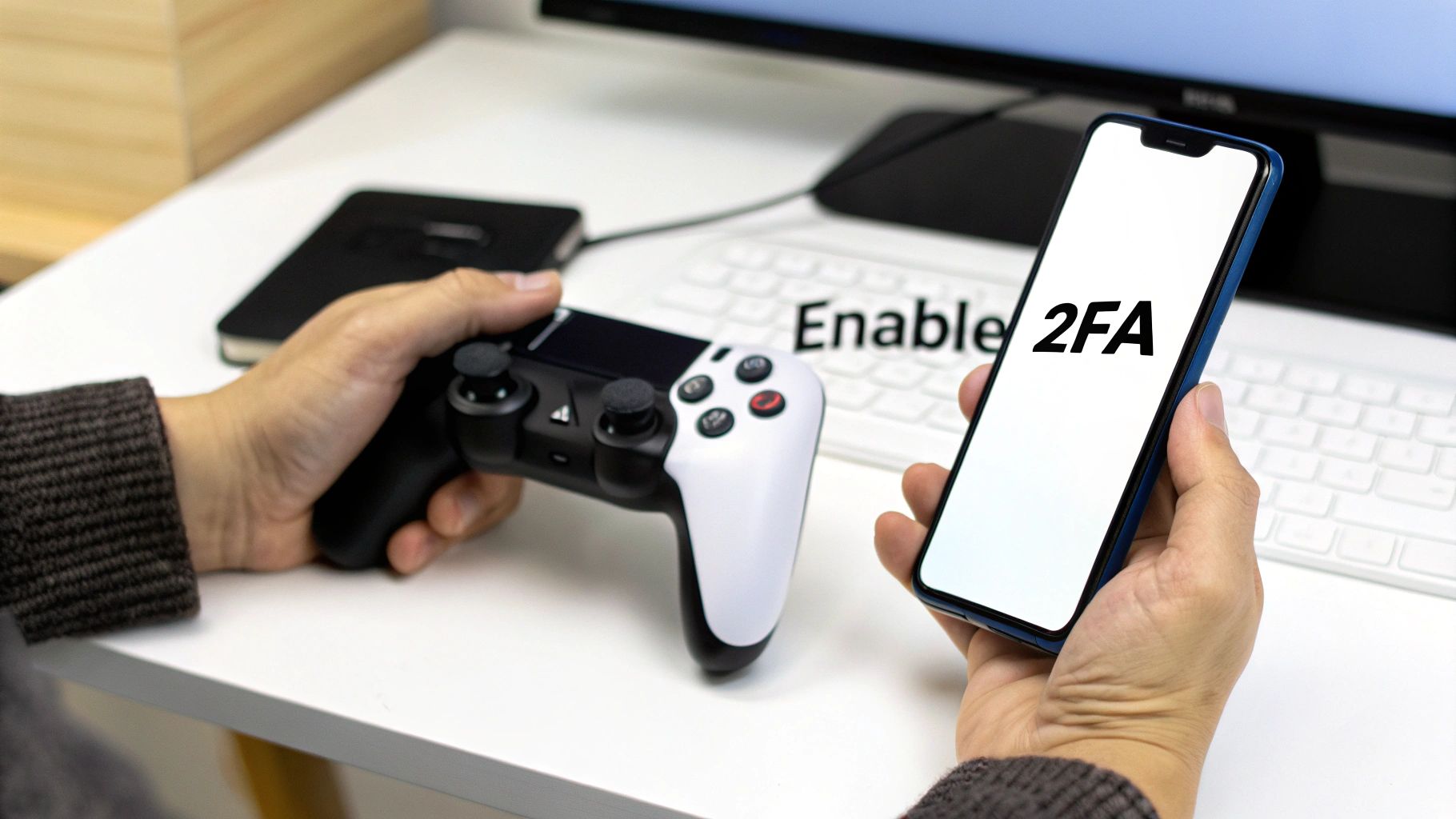 A secure lock symbol layered over a PlayStation 5 controller, signifying account security.