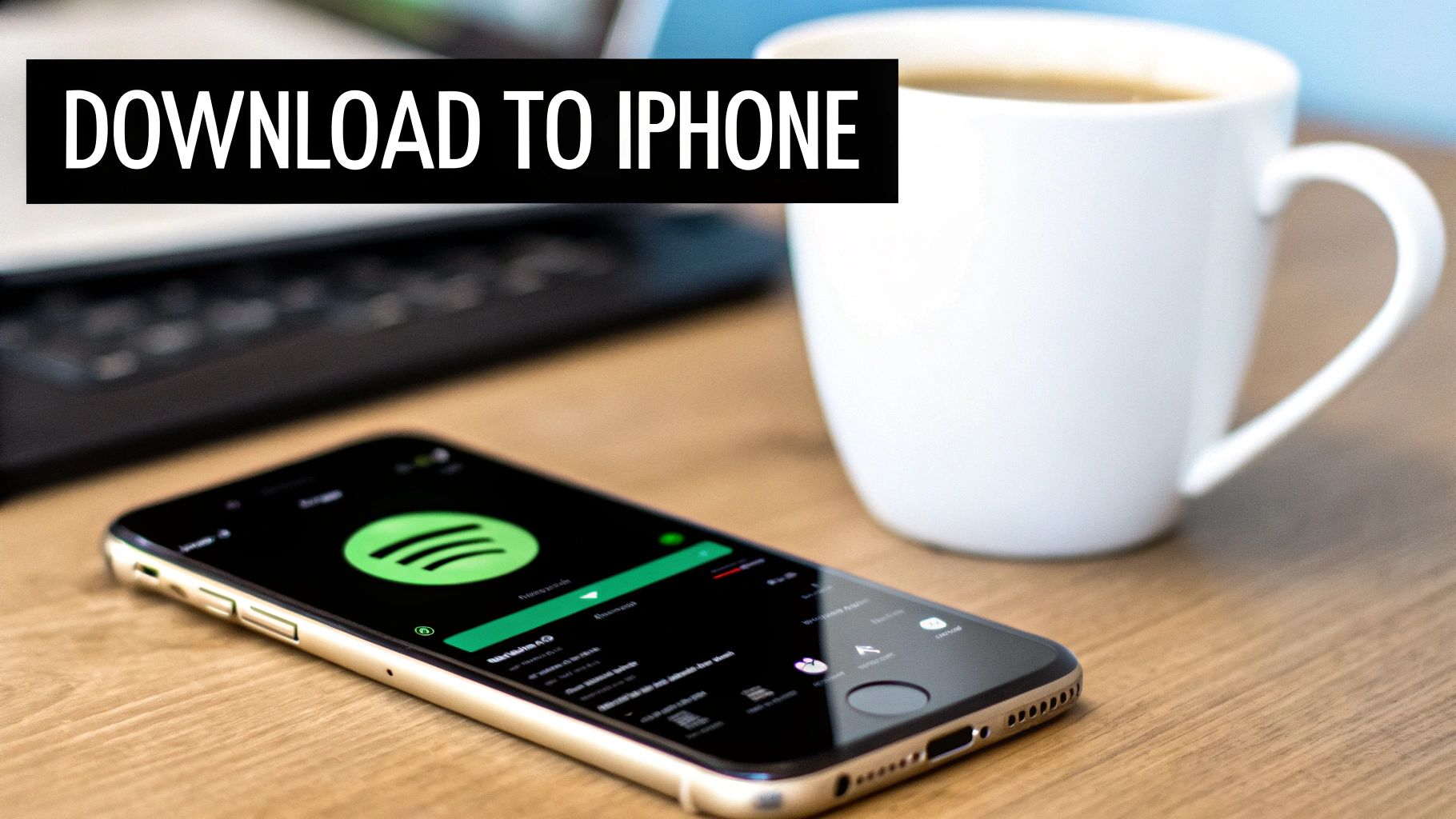 An iPhone displaying the Spotify app screen with 'DOWNLOAD TO IPHONE' text, beside a coffee mug.