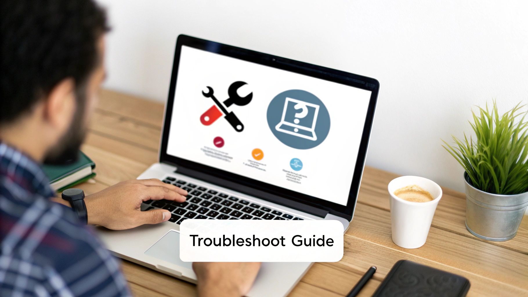 Over-the-shoulder view of a person using a laptop with a 'Troubleshoot Guide' displayed, featuring repair and support icons.