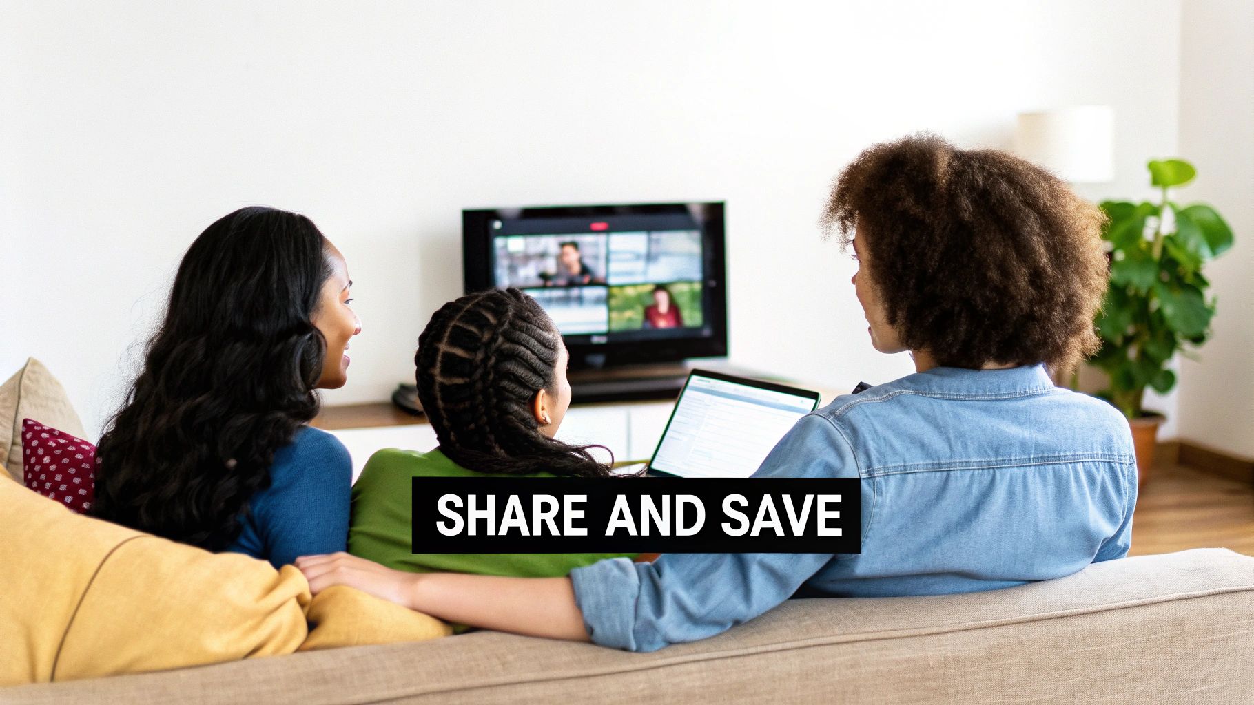 Three women on a couch watching a video call on a TV and using a laptop.