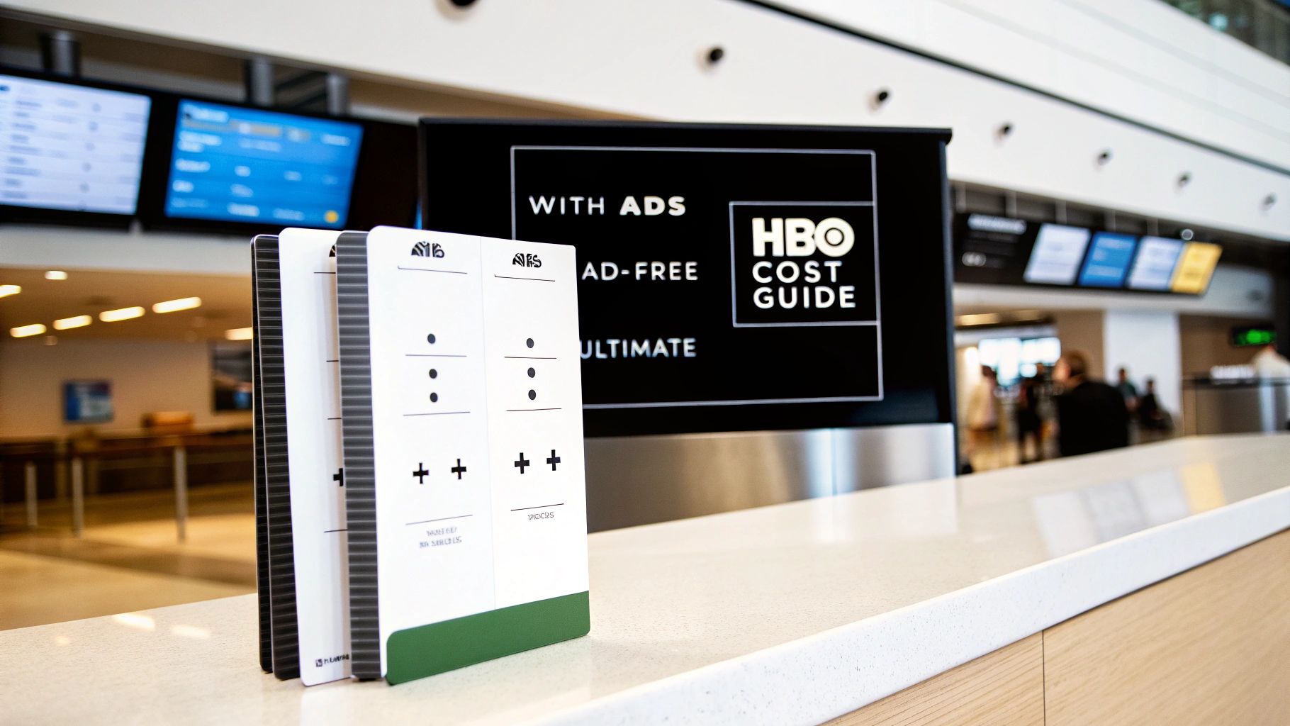 A display board shows 'HBO COST GUIDE' with subscription tiers, along with white informational stands in the foreground.