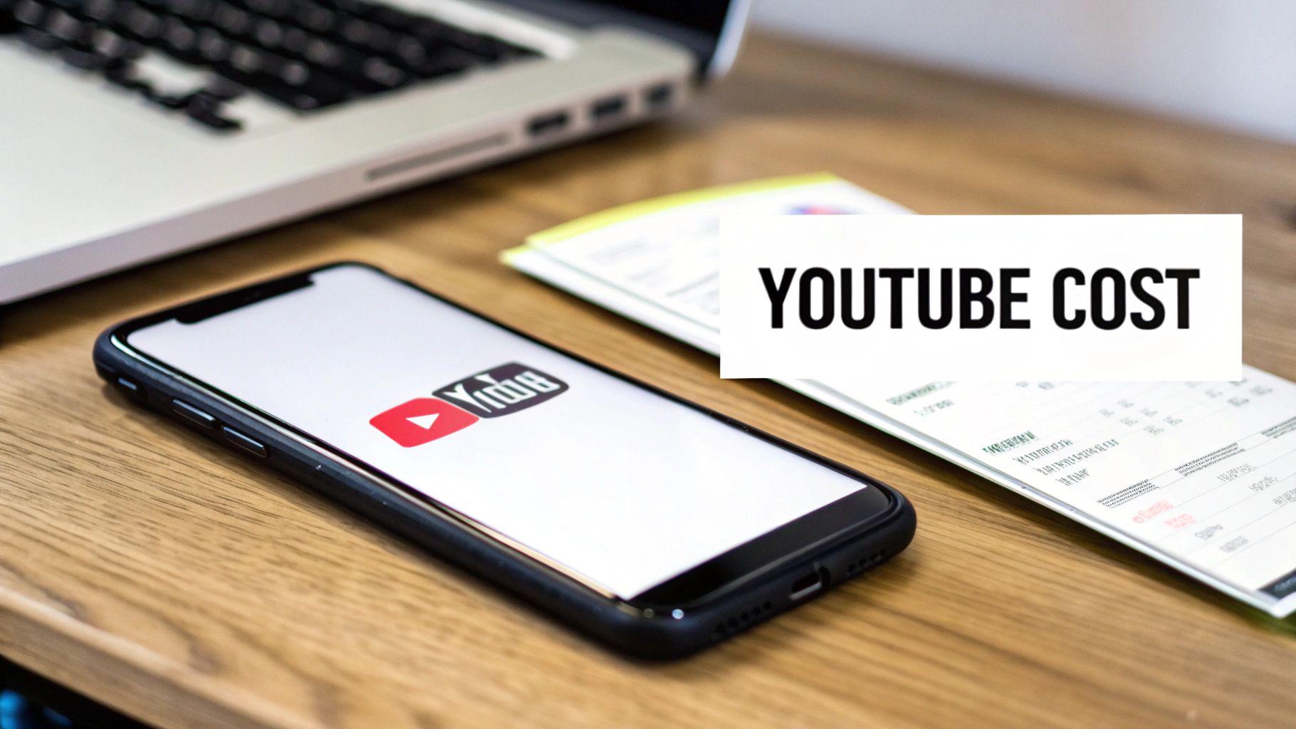 A smartphone displays the YouTube logo next to a document showing 'YOUTUBE COST' and a laptop.