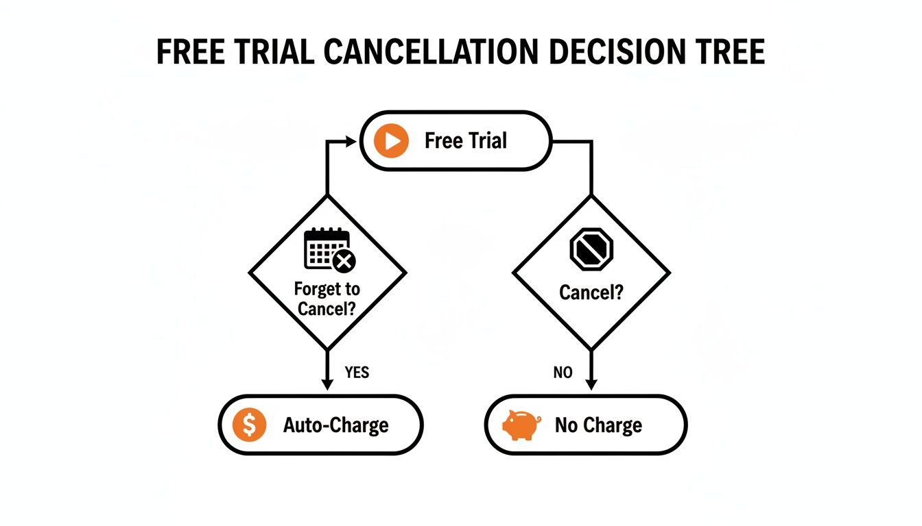 A decision tree flowchart illustrates free trial cancellation outcomes based on user actions like forgetting or actively canceling.