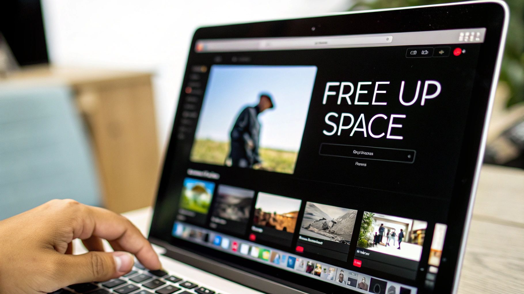 A person's hand types on a laptop displaying 'FREE UP SPACE' on a dark screen.