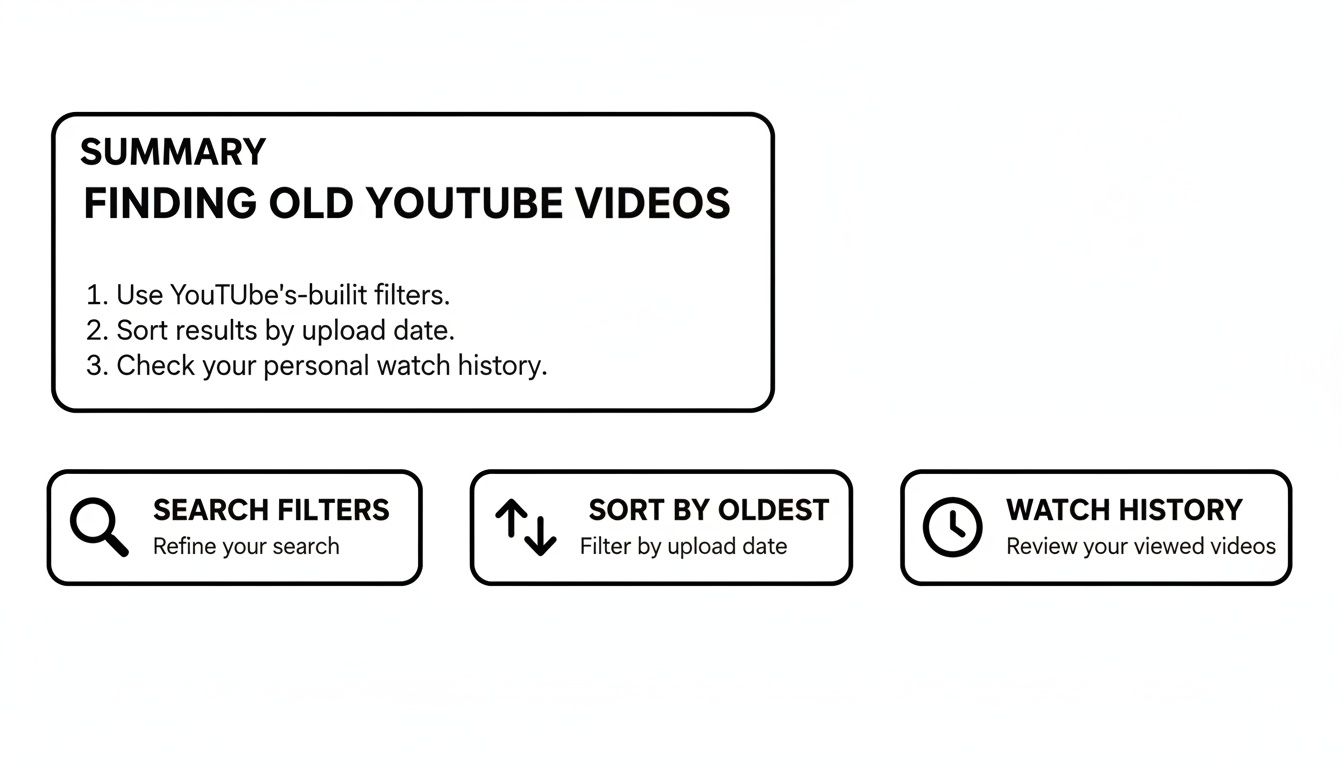 A guide summarizing how to find old YouTube videos using search filters, sorting, and watch history.