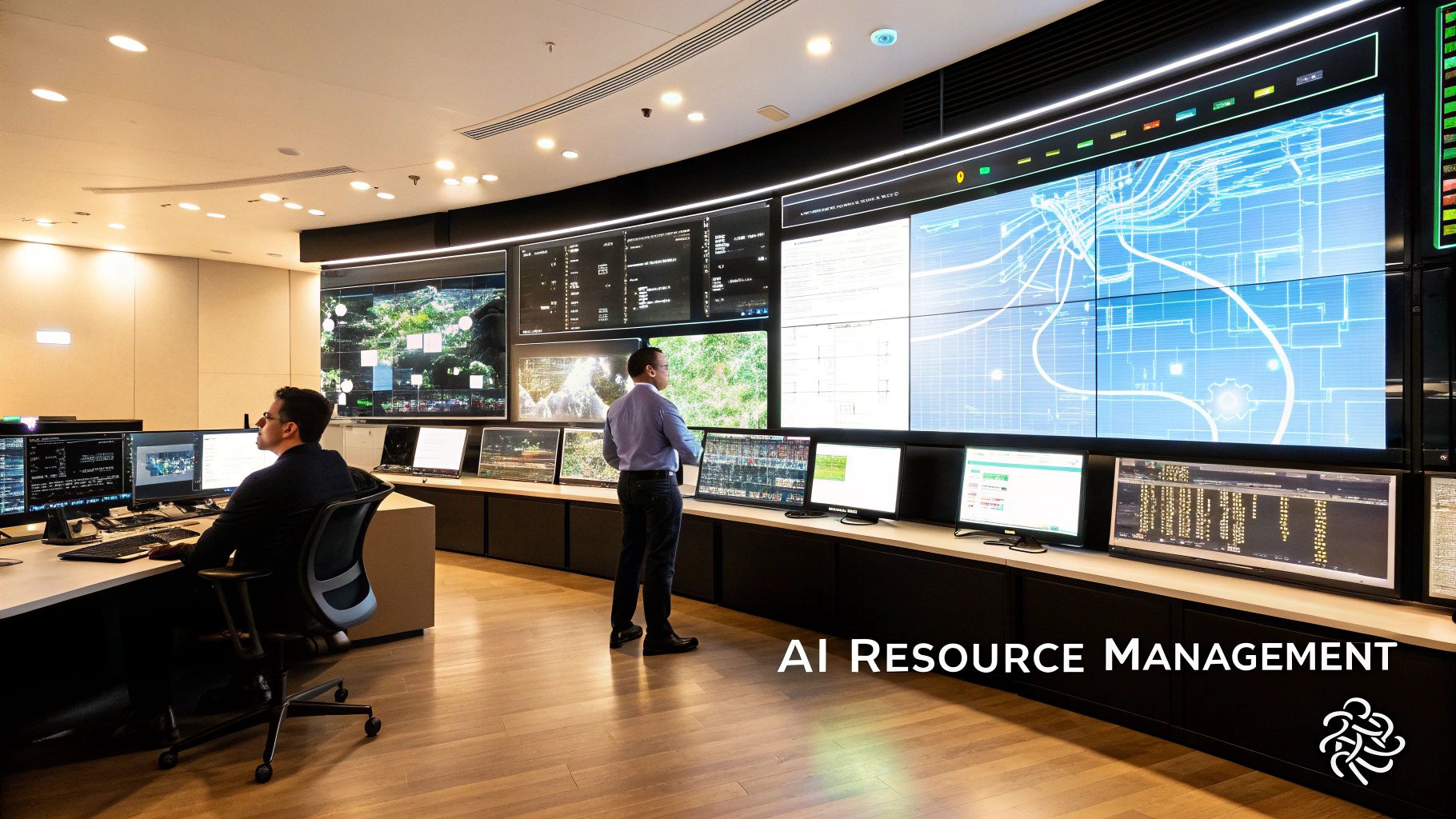 An abstract visualization of AI data points and networks, representing the future of resource management.