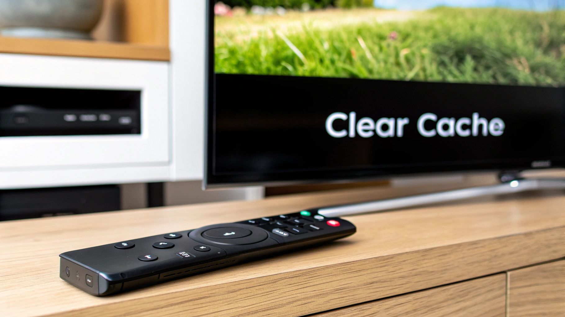 TV screen displaying clear cache message with remote control on wooden table