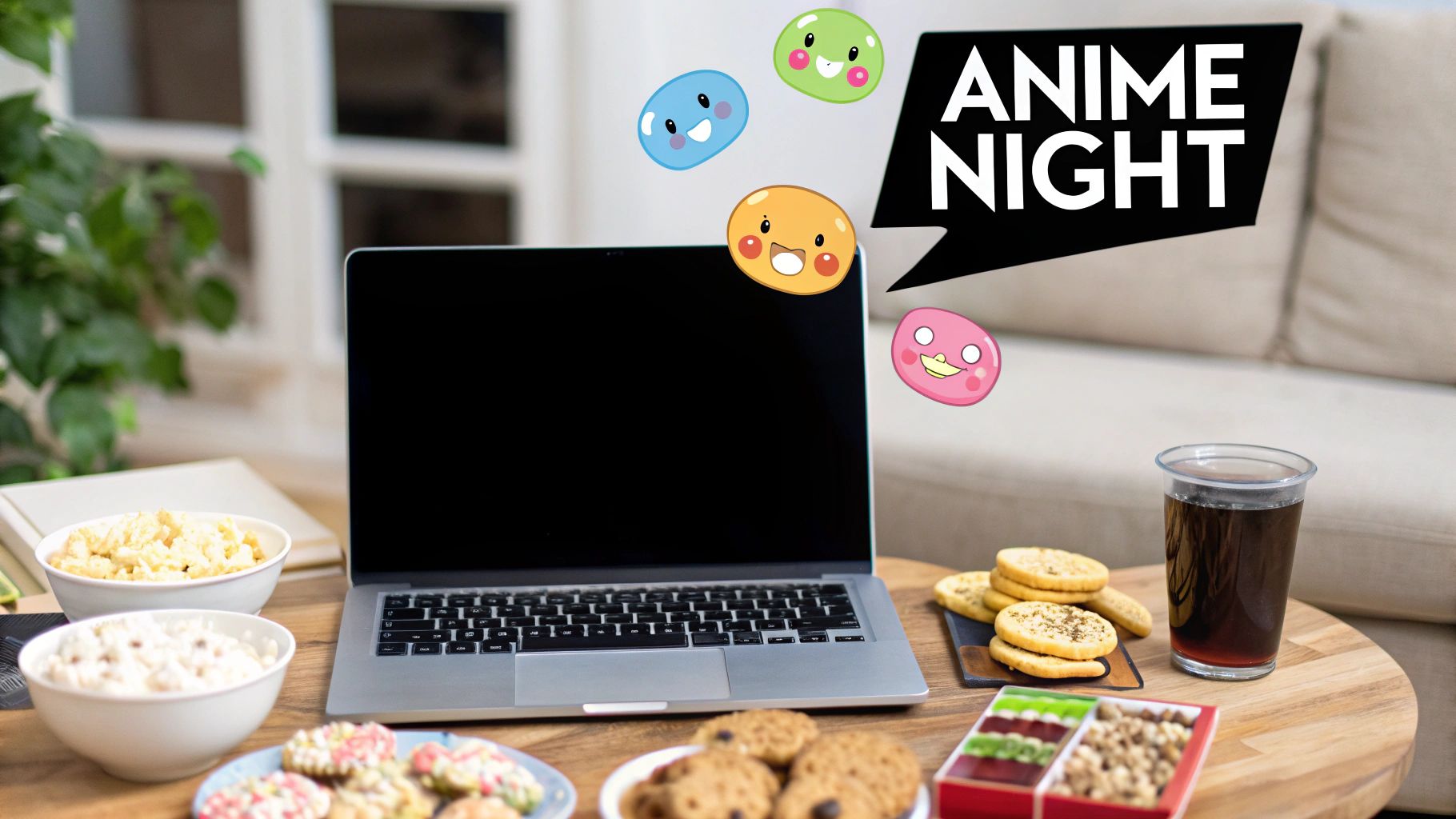 Friends enjoying snacks while watching anime together