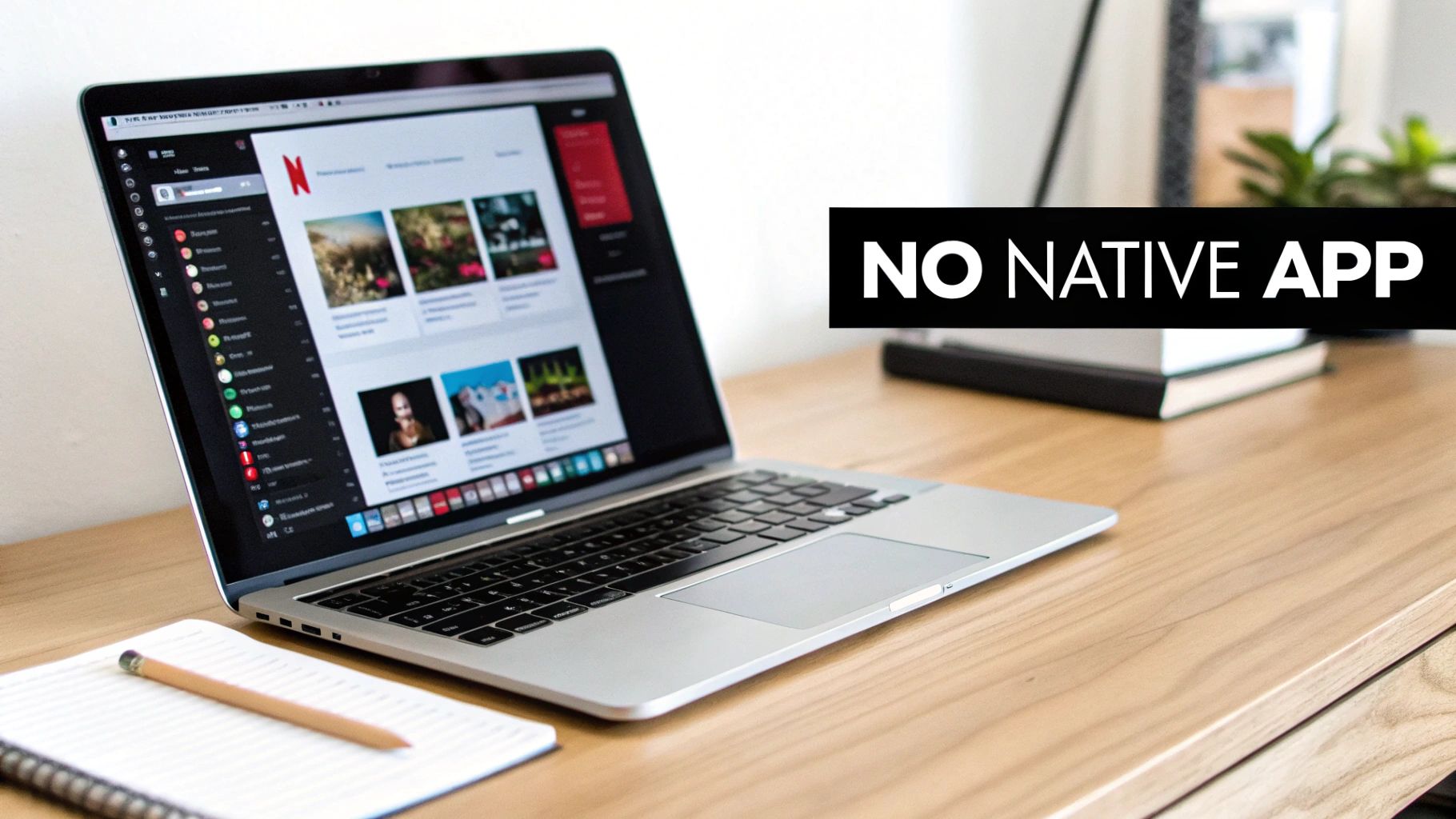 A silver laptop displays the Netflix website on a wooden desk with a notebook and pencil. Text reads 'NO NATIVE APP'.