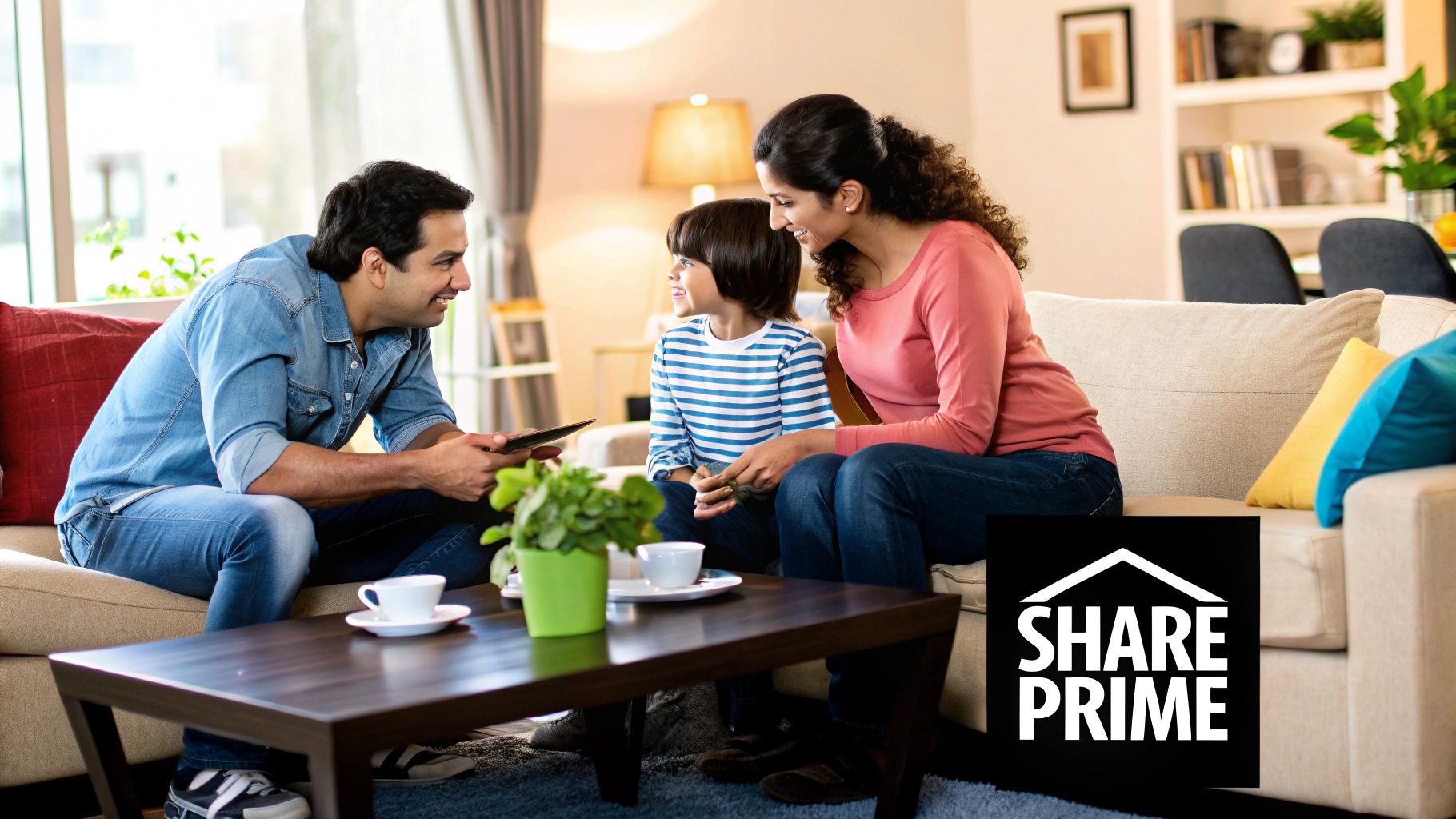 A family happily using a laptop together on a couch, illustrating the concept of sharing an Amazon Prime account.