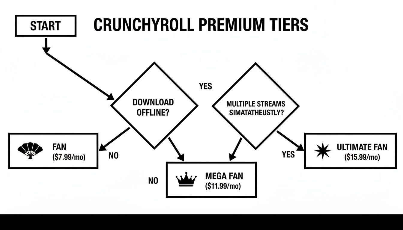 Flowchart illustrating Crunchyroll Premium Tiers: Fan, Mega Fan, and Ultimate Fan, with features and prices.