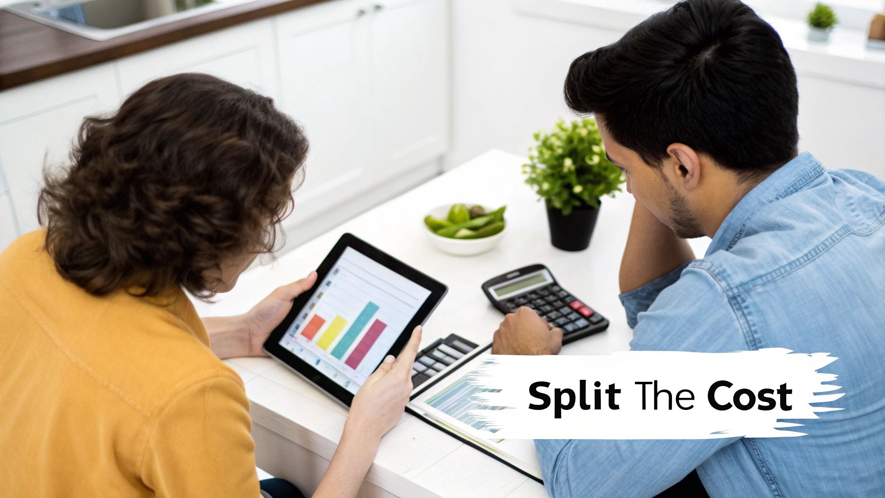 Two people reviewing financial data on a tablet and calculator, discussing how to split costs.