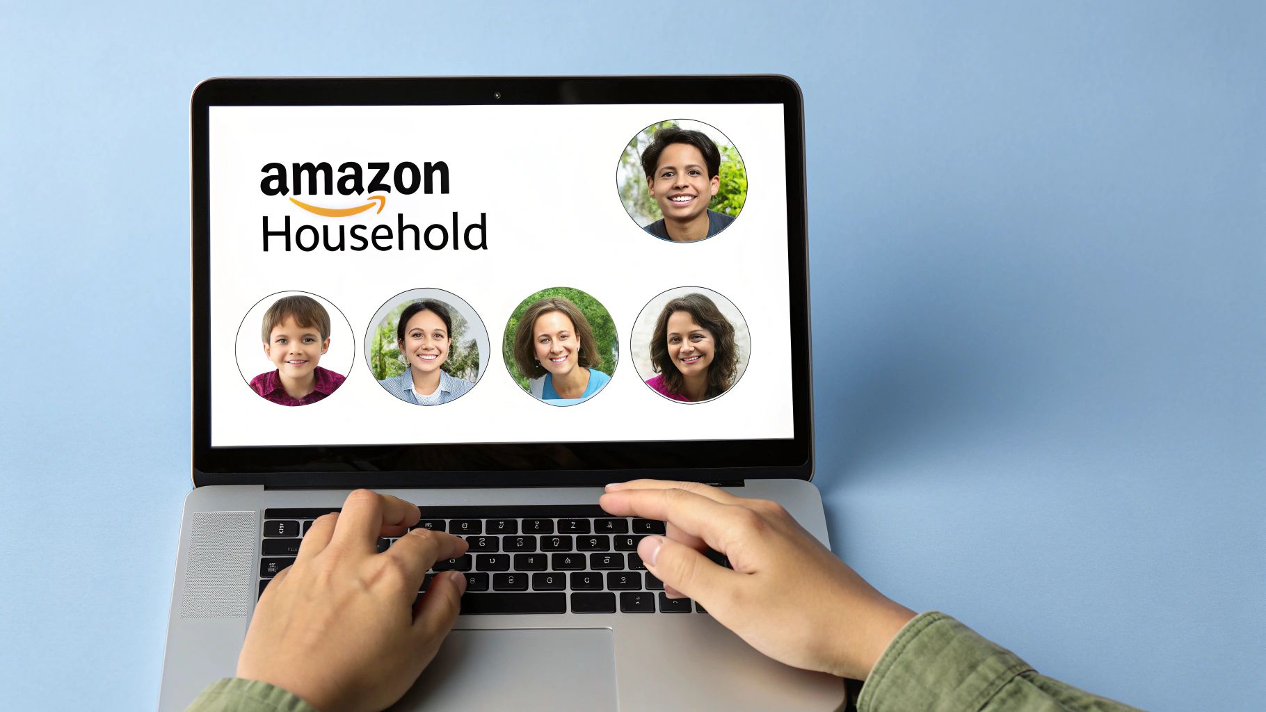 A diverse family gathered around a tablet, smiling and engaging with content, representing the shared benefits of Amazon Household.