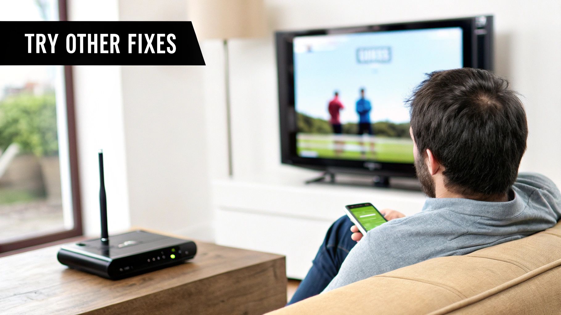 A man sits on a sofa, looking at a TV screen, holding a smartphone, with a router nearby.
