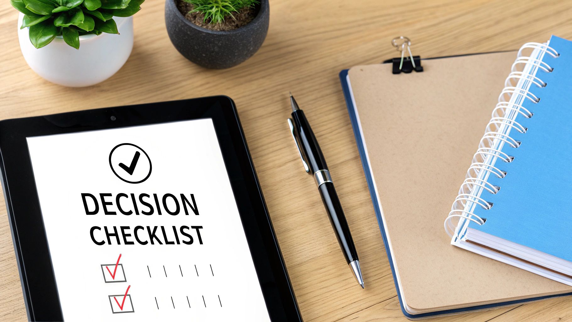 A tablet displays a decision checklist on a wooden desk with a pen, notebooks, and plants.