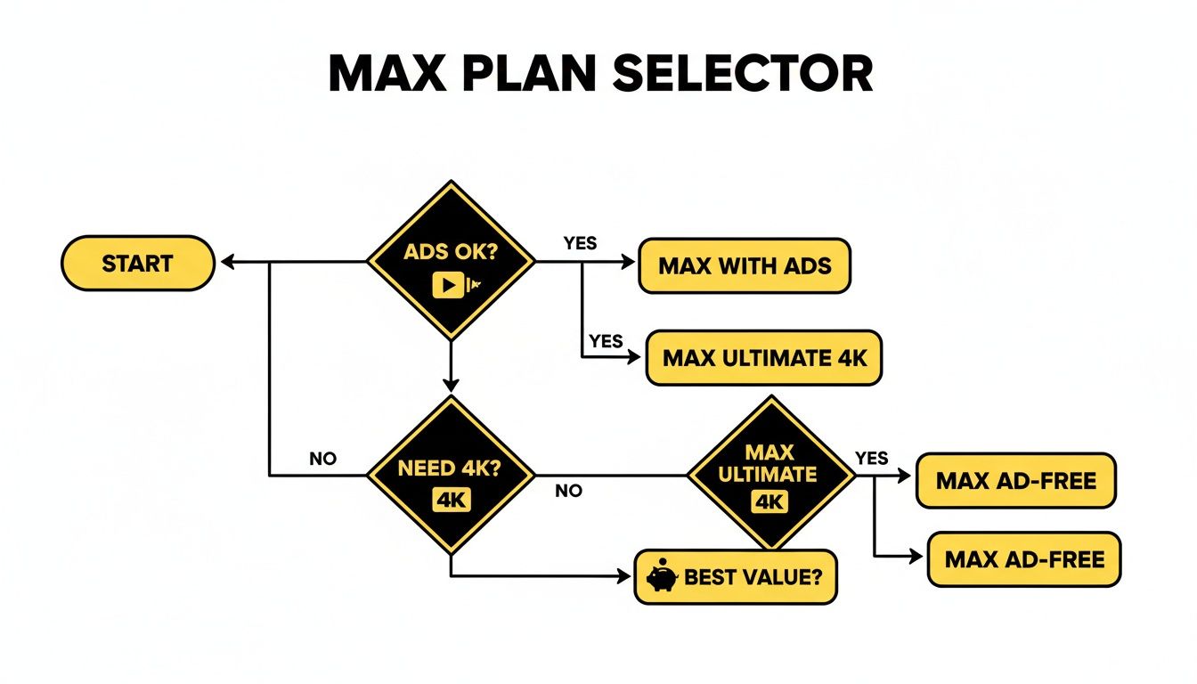 Flowchart guiding users through Max streaming plan selection based on ads, 4K, and best value.