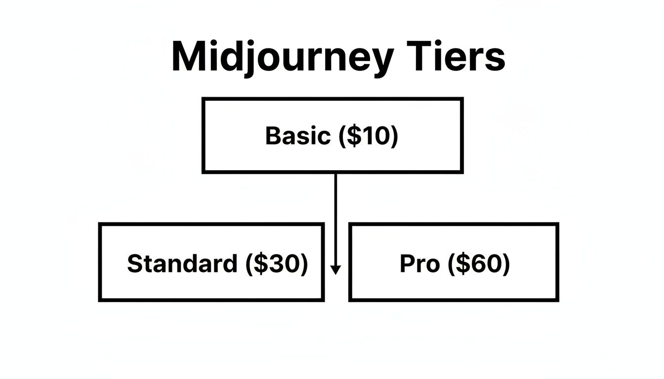 Flowchart showing Midjourney subscription tiers: Basic, Standard ($10, $30), and Pro ($60).