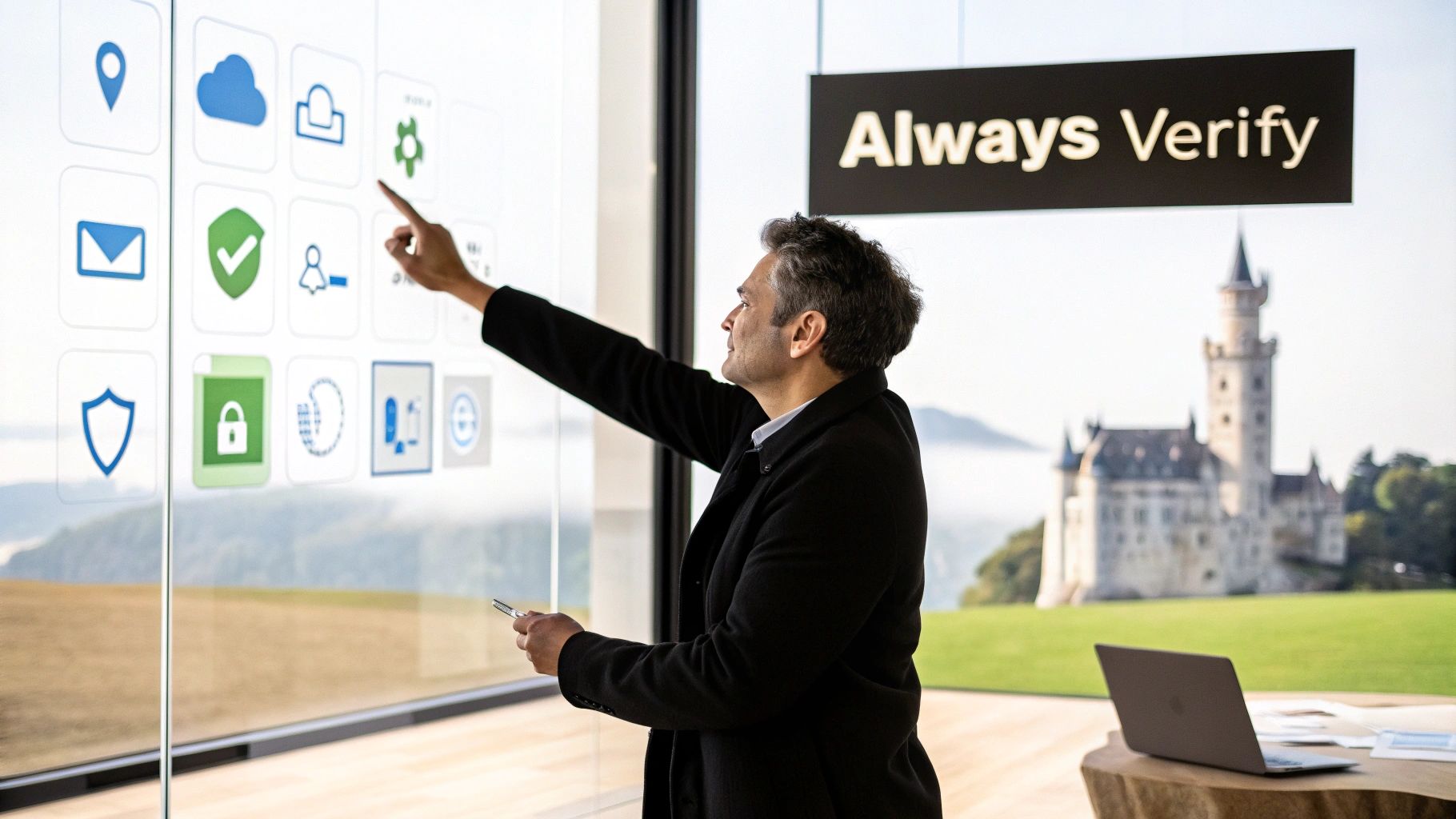 Man points at a digital screen with icons, in an office overlooking a castle, demonstrating 'Always Verify'.
