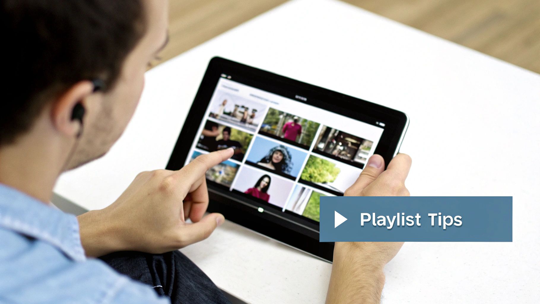 Friends happily adding videos to a shared playlist on a tablet, creating a collaborative atmosphere.