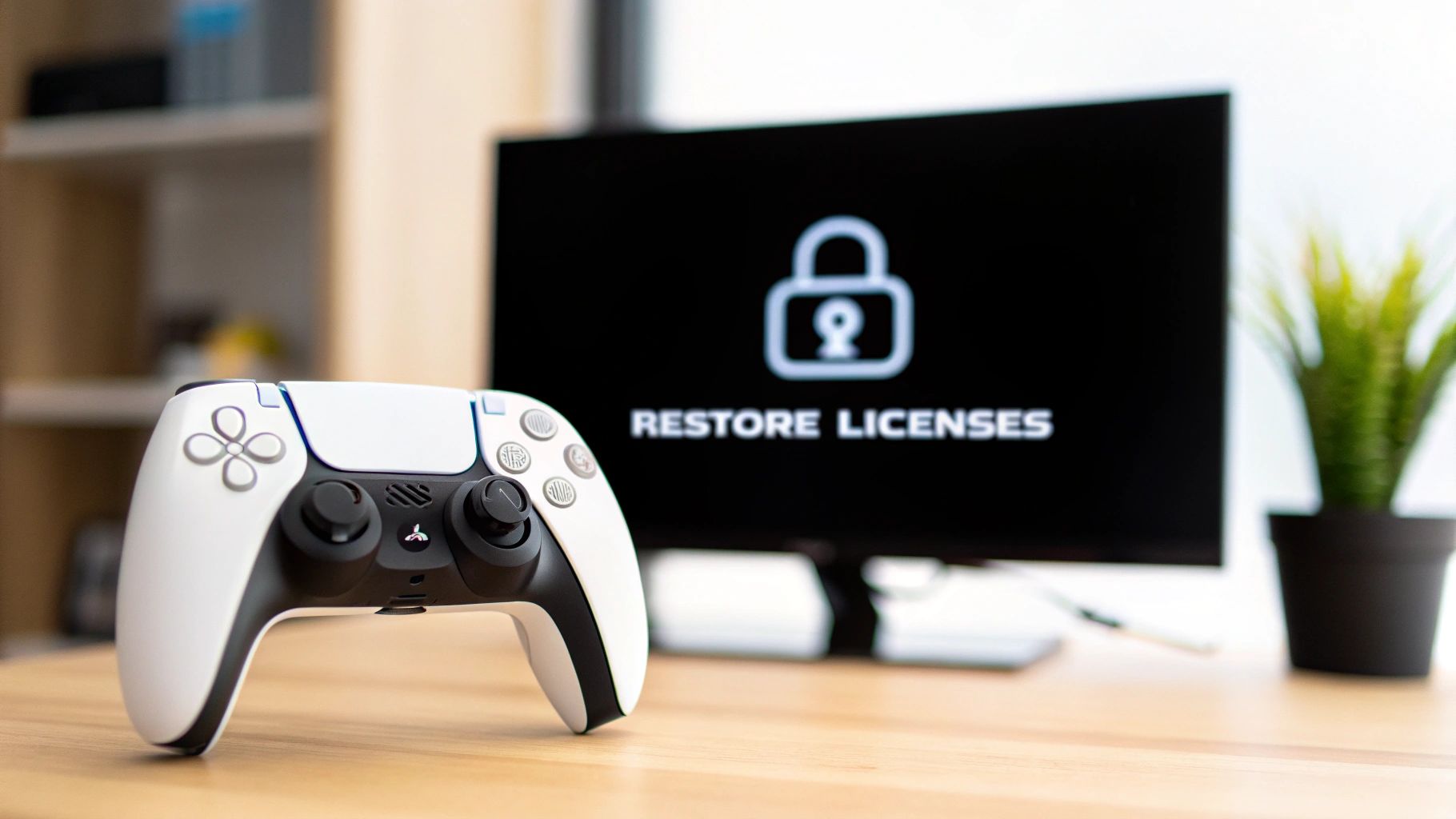 PlayStation 5 DualSense controller in front of TV screen displaying restore licenses option