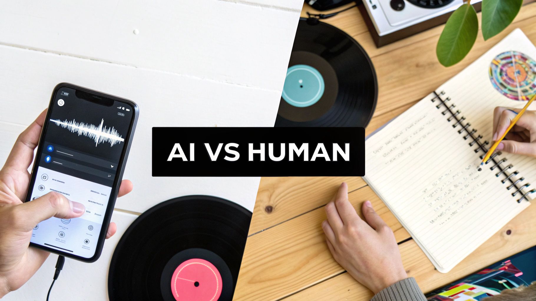 Split image showing a smartphone with sound waves for AI and a hand writing in a notebook for human.