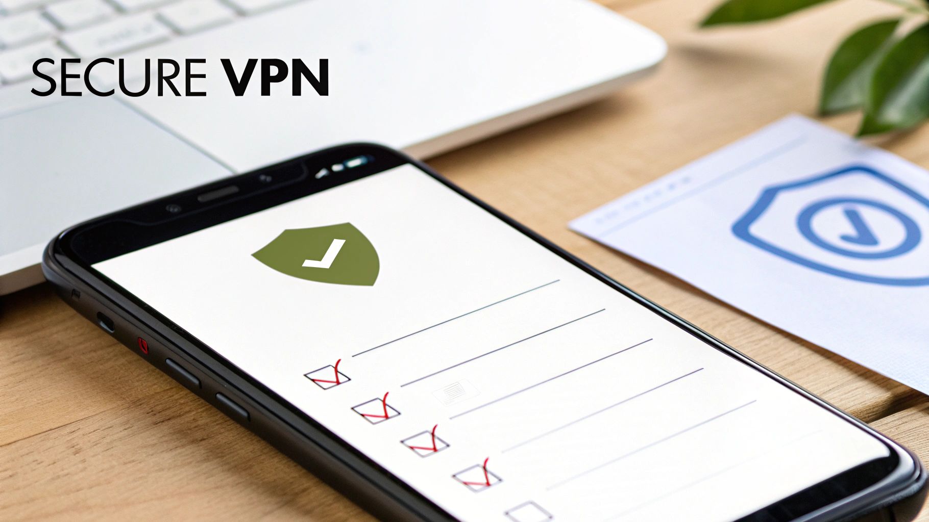 A smartphone displaying a secure VPN shield and a checklist, next to a laptop.