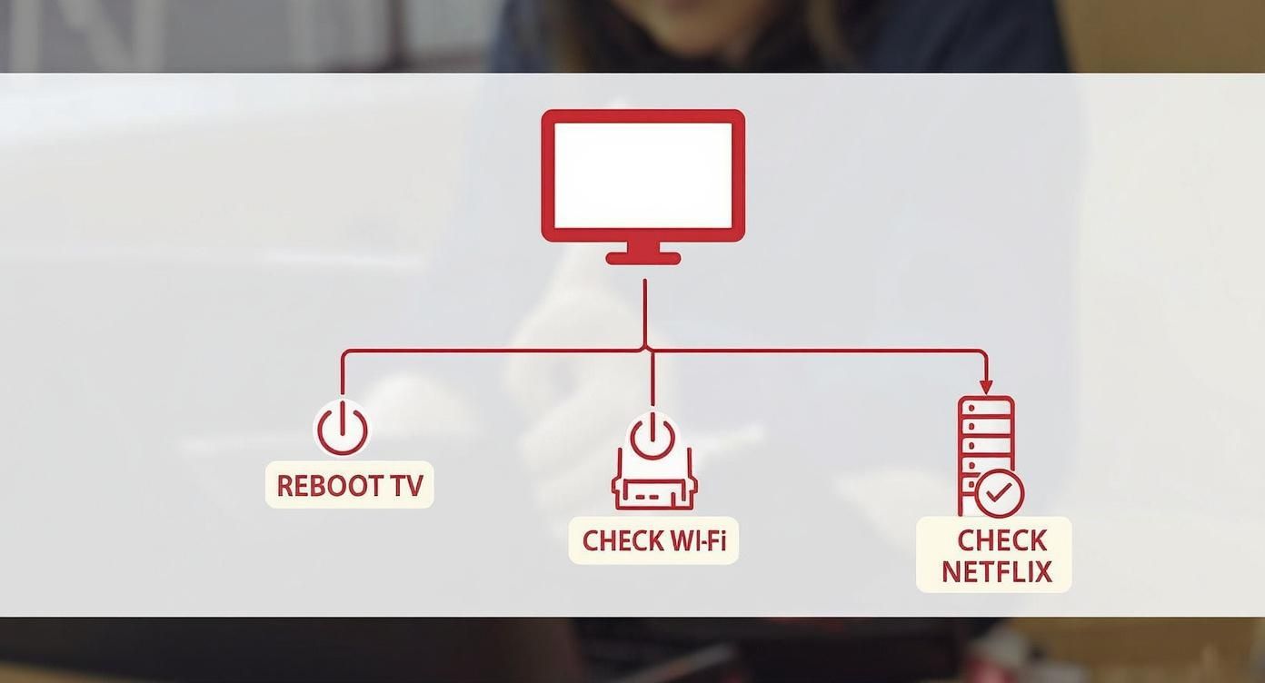 Troubleshooting flowchart showing steps to fix Netflix: reboot TV, check Wi-Fi, and check Netflix servers