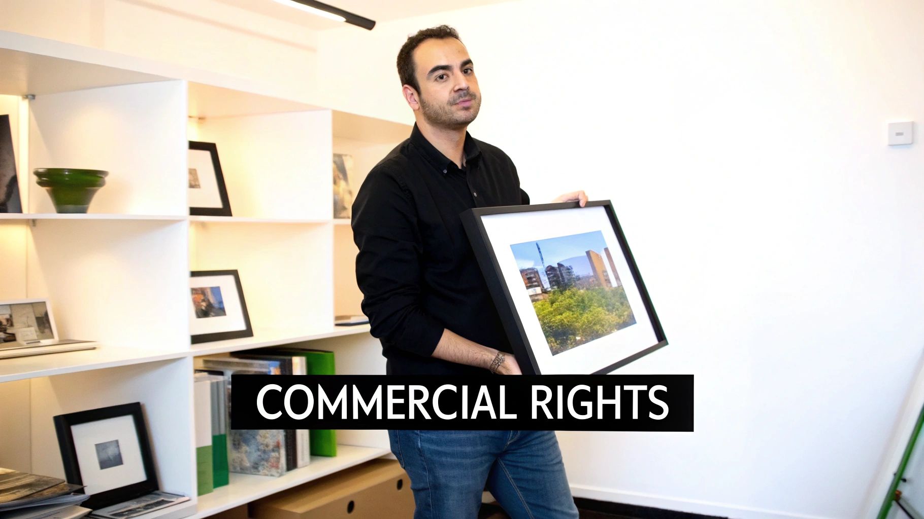 A man in a black shirt holds a framed photo of city buildings and trees, standing by a shelf.