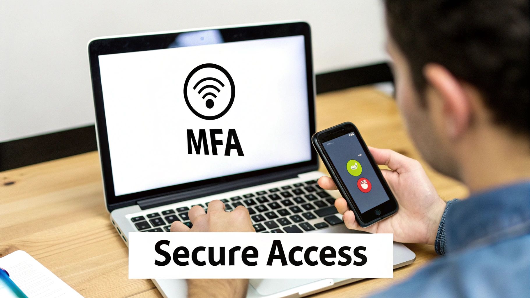 A person uses a laptop displaying 'MFA' and a smartphone with authentication prompts for secure access.