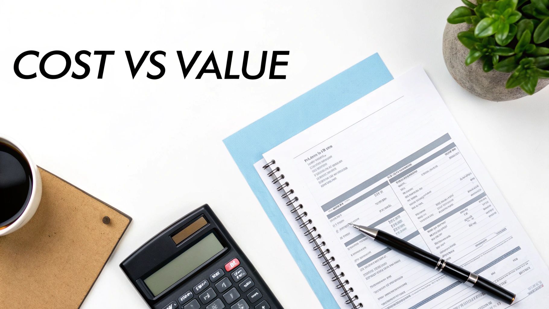 Overhead shot of a desk with 'COST VS VALUE' text, coffee, calculator, and financial documents.