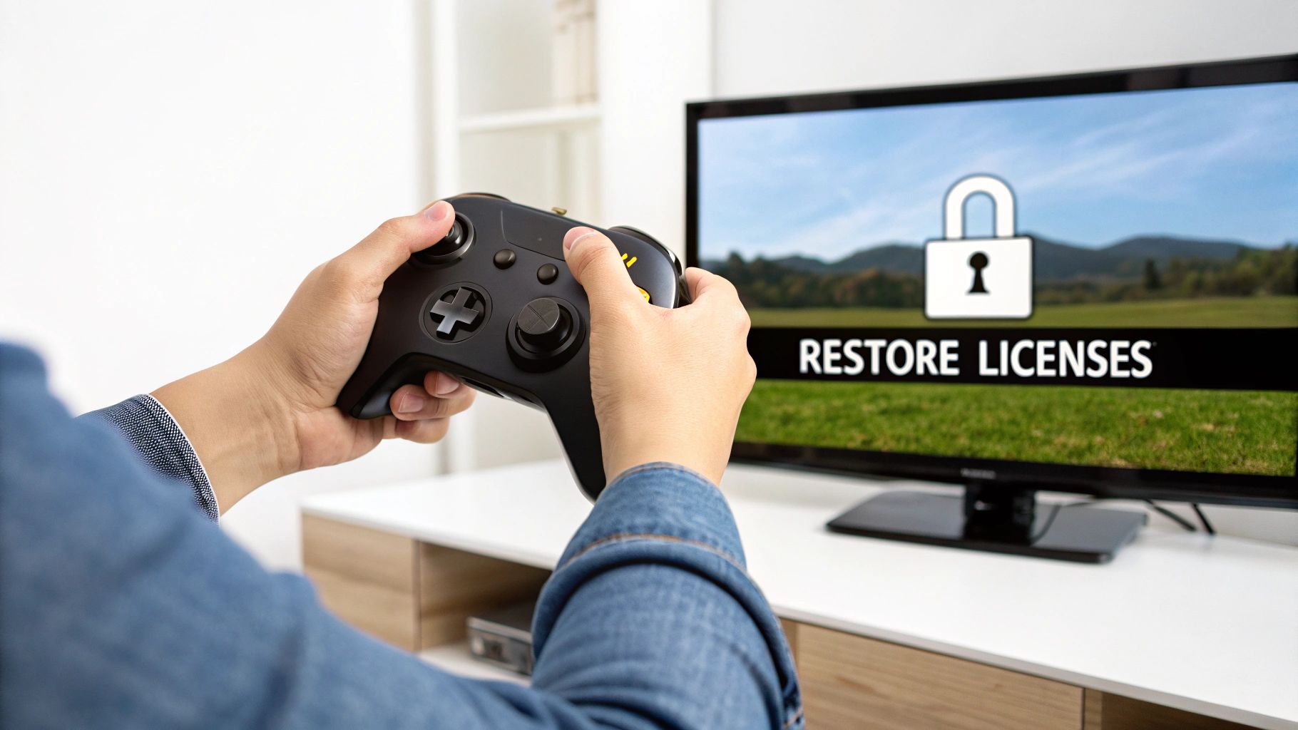 A person's hands gripping a video game controller, looking at a TV screen with a 'RESTORE LICENSES' message.