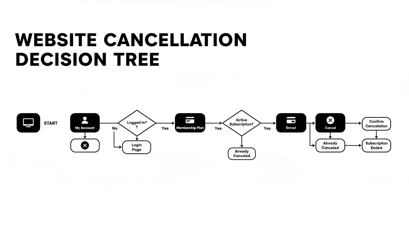 A website cancellation decision tree flowchart illustrating the steps from start to subscription ending.