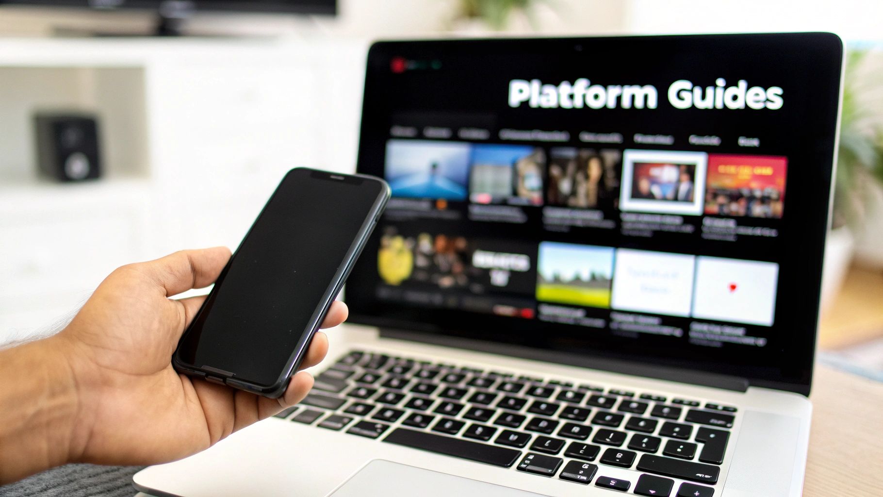 A hand holds a smartphone in front of a laptop displaying a 'Platform Guides' website.